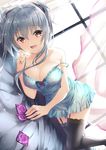  absurdres babydoll bad_id bad_pixiv_id bangs bed bed_sheet black_legwear blue_hair breasts cleavage collarbone condom covered_nipples curtains dracu-riot! dutch_angle elena_olegovna_owen eyebrows_visible_through_hair feet_out_of_frame garter_straps hair_intakes hair_ribbon highres indoors looking_at_viewer lying medium_breasts on_side open_mouth orange_eyes ribbon short_hair solo spaghetti_strap strap_slip thighhighs twintails wakuta_chisaki window yuzu-soft zettai_ryouiki 