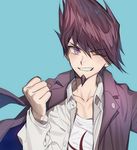  ;d beard blue_background blush clenched_hand collarbone collared_shirt danganronpa dress_shirt eyebrows_visible_through_hair facial_hair grin jacket long_sleeves looking_at_viewer male_focus momota_kaito new_danganronpa_v3 nose_blush one_eye_closed open_clothes open_jacket open_mouth purple_eyes purple_hair purple_jacket shiny shiny_hair shirt simple_background smile solo spiked_hair t-shirt teeth unbuttoned unbuttoned_shirt upper_body v-shaped_eyebrows white_shirt wing_collar zuizi 