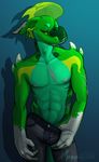  2018 4_fingers abs anthro bedroom_eyes black_sclera blue_background cetacean clothed clothing clothing_pull countershade_tail countershade_torso countershading cyan_countershading cyan_skin dolphin dragon fin fish front_view gradient_background green_eyes green_skin half-closed_eyes hand_on_hip hybrid idoodle2draw jeans looking_down male mammal marine markings multicolored_skin muscular muscular_male nipples pants pecs portrait pose scalie scar seductive shark signature simple_background solo standing teal_background teasing teeth three-quarter_portrait topless vasciel_aplisto white_skin yellow_skin 