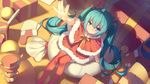  ahoge akabane_(pixiv3586989) arm_support arm_up blue_eyes blue_hair box capelet floating_hair from_above fur_trim gift gift_box hair_between_eyes hair_ribbon hatsune_miku highres indoors long_hair miniskirt neck_ribbon orange_ribbon red_legwear red_ribbon red_skirt ribbon sack sitting skirt smile solo thighhighs twintails very_long_hair vocaloid wooden_floor zettai_ryouiki 