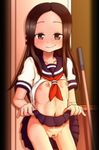  1girl bandaid bandaid_on_pussy blush breasts brown_eyes brown_hair female karakai_jouzu_no_takagi-san knoing_(harunaga121k) lifted_by_self locker long_hair looking_at_viewer navel neckerchief nipples no_bra no_panties open_clothes school_uniform serafuku shirt shirt_lift skirt small_breasts smile solo takagi-san 