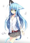  animal_ears belt belt_buckle blue_hair buckle cat_ears cat_tail commentary_request gradient gradient_background green_eyes highres kurimu_(crim_soda) long_hair looking_at_viewer original shirt simple_background skirt solo striped striped_legwear tail thighhighs white_shirt wristband 