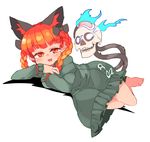  animal_ears bangs blue_fire bow braid cat_ears cat_tail dress extra_ears eyebrows_visible_through_hair fangs fire flaming_skull green_dress hair_bow ini_(inunabe00) kaenbyou_rin long_hair long_sleeves looking_at_viewer lying multiple_tails on_side open_mouth red_eyes red_hair simple_background skull slit_pupils smile solo tail touhou twin_braids white_background 