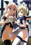  absurdres ahoge annoyed armpits ass black_legwear blonde_hair blue_eyes blush bow bow_legwear bow_panties brave_witches butt_crack erica_hartmann glass hanna-justina_marseille highres long_hair maid mc_axis multiple_girls navel official_art panties plant short_hair skirt skirt_lift strike_witches thighhighs tray underwear water white_legwear white_panties window world_witches_series yamamoto_shuuhei 