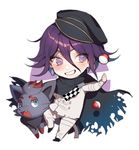  :d black_cape black_hat blue_eyes blush cape checkered checkered_neckwear chibi cravat danganronpa fang full_body gen_5_pokemon grin hair_between_eyes hat leg_up long_sleeves looking_at_viewer male_focus new_danganronpa_v3 open_mouth ouma_kokichi outstretched_arms pants peaked_cap poke_ball poke_ball_(generic) pokemon pokemon_(creature) purple_eyes shiny shiny_hair smile standing standing_on_one_leg straitjacket teeth thigh_strap torn_cape tossing two-tone_background white_pants zorua zuizi 