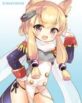  :d animal_ears azur_lane bangs black_panties blonde_hair blue_background blush breasts cat_ears commentary_request cowboy_shot epaulettes eyebrows_visible_through_hair gloves gradient gradient_background hair_between_eyes hair_ornament hand_on_hip hand_up headgear jacket long_hair long_sleeves looking_at_viewer marshmallow_mille open_mouth panties purple_eyes purple_jacket side-tie_panties sidelocks small_breasts smile solo twitter_username underwear warspite_(azur_lane) white_background white_gloves 
