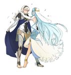  absurdres aqua_(fire_emblem_if) armor barefoot cape commentary dancing dress elbow_gloves female_my_unit_(fire_emblem_if) fire_emblem fire_emblem_if gloves hairband hand_on_another's_hip hand_on_another's_shoulder highres looking_at_another multiple_girls my_unit_(fire_emblem_if) pointy_ears smile thighhighs ticcy veil yuri 