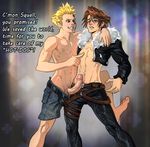  2boys anma_(ryuichi87) blonde_hair brown_hair erection final_fantasy final_fantasy_viii male_focus multiple_boys naughty_face penis squall_leonhart undressing yaoi zell_dincht 