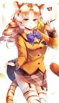  absurdres animal_ears animal_print blonde_hair blue_neckwear bow bowtie brown_hair commentary cowboy_shot drill_hair extra_ears eyebrows_visible_through_hair eyes_visible_through_hair flower garter_straps golden_tabby_tiger_(kemono_friends) highres japari_symbol kanzakietc kemono_friends light_smile looking_at_viewer multicolored_hair print_legwear skirt solo striped_tail tail thighhighs tiger_ears tiger_print tiger_tail two-tone_hair yellow_eyes 