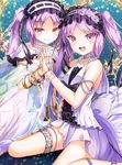  2girls anklet armlet blush choker euryale fate/grand_order fate/hollow_ataraxia fate_(series) halo headband jewelry kasaran legs long_hair looking_at_viewer multiple_girls necklace open_mouth panties purple_eyes purple_hair purple_panties see-through siblings sisters sitting smile stheno tagme thighs twins twintails white_dress 