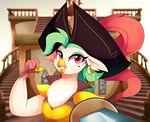  2018 absurd_res avian beak bird captain_celaeno_(mlp) clothed clothing digital_media_(artwork) ear_piercing eyelashes feathers female gold_(metal) hat hi_res looking_at_viewer marenlicious melee_weapon mole_(marking) my_little_pony my_little_pony_the_movie parrot piercing pirate_hat smile solo sword weapon 
