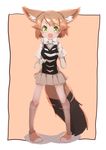  :d animal_ears black-backed_jackal_(kemono_friends) bow bowtie elbow_gloves extra_ears fang full_body gloves green_eyes highres jackal_ears jackal_tail kemono_friends legs_apart light_brown_hair looking_at_viewer open_mouth pigeon-toed pleated_skirt short_hair sketch skirt smile solo teranekosu white_neckwear 