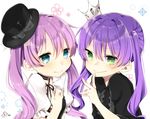  abe_suke bangs black_bow black_hat black_ribbon blue_eyes bow closed_mouth commentary_request crown eyebrows_visible_through_hair green_eyes hair_between_eyes hand_on_own_chest hat hat_bow long_hair looking_at_viewer mini_crown mini_hat multiple_girls neck_ribbon original pink_hair puffy_short_sleeves puffy_sleeves purple_hair ribbon short_sleeves signature smile twintails upper_body 