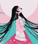  black_hair busujima_(kusahana) commentary_request full_moon highres hime_cut houraisan_kaguya japanese_clothes long_hair long_sleeves moon open_mouth ribbon solo touhou very_long_hair wide_sleeves 