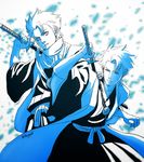  bleach blue dual_persona hair_slicked_back haori highres hitsugaya_toushirou japanese_clothes male_focus monochrome multiple_boys older parted_lips san-san_(pixiv16523866) sheath sheathed signature taichou_haori 