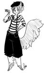  2013 anthro cat clothed clothing digital_drawing_(artwork) digital_media_(artwork) feline fur greyscale hat makeup male mammal mime mime_cat_(squidbiscuit) monochrome pattern_clothing shirt simple_background smile solo squidbiscuit standing striped_clothing striped_shirt stripes suspenders teeth white_background 