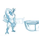  2018 anthro avian balls big_balls big_bulge big_penis breath_of_the_wild bulge clothed clothing digital_media_(artwork) feathers ftrashman_(artist) huge_balls huge_penis hyper hyper_penis kass_(zelda) male muscular muscular_male nintendo partially_clothed penis rito simple_background skimpy solo the_legend_of_zelda video_games 