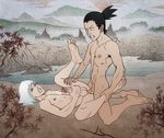  2boys anal anma_(ryuichi87) barefoot clenched_teeth feet full_body highres hoozuki_suigetsu lying male male_focus masturbation maturation multiple_boys muscle nara_shikamaru naruto naruto_shippuuden nude outdoors penetration penis penis_in_male_anus sex toes yaoi 