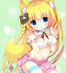  animal_ears bangs blonde_hair blue_eyes blush bow bra braid breasts brown_bow claw_pose cleavage commentary_request dog_ears dog_girl dog_tail eyebrows_visible_through_hair fang fingernails fuuna_thise hair_between_eyes hair_bow hair_ornament hairclip head_tilt long_hair looking_at_viewer medium_breasts navel original panties parted_lips pink_skirt pleated_skirt school_uniform serafuku shirt skirt solo striped striped_bow tail underwear very_long_hair white_bra white_panties white_shirt 
