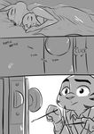  2018 anthro bed bedding blanket canine comic disney door doorknob english_text facial_markings female fox fur_markings greyscale group holding_object inside ittybittykittytittys jack_savage judy_hopps lagomorph lockpicking lying male mammal markings monochrome nick_wilde on_bed on_side rabbit sleeping sound_effects spooning text under_covers zootopia 