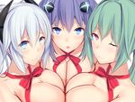  :o ;) asymmetrical_docking black_heart blue_eyes blush breast_press breasts commentary_request daiaru green_hair green_heart hair_between_eyes large_breasts looking_at_viewer medium_breasts multiple_girls neptune_(series) one_eye_closed pink_eyes ponytail power_symbol purple_hair purple_heart red_ribbon ribbon silver_hair smile symbol-shaped_pupils topless twintails upper_body valentine 