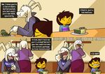  asriel_dreemurr boss_monster caprine comic delta_rune dialogue english_text fangs food fur gastropod horn human humor kitchen long_ears mammal pie potoobrigham protagonist_(undertale) snail text toriel undertale video_games white_fur 