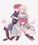  2boys androgynous blonde_hair boots closed_eyes fire_emblem fire_emblem:_rekka_no_ken highres long_hair lucius multiple_boys otoko_no_ko priscilla_(fire_emblem) raven_(fire_emblem) red_hair short_hair sisuko1016 sleeping sleeping_on_person 