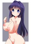  1girl areolae blue_eyes blush border breasts cowboy_shot inverted_nipples kanon large_breasts long_hair looking_at_viewer minase_akiko naruse_mai navel nipples nude out-of-frame_censoring outside_border puffy_nipples purple_hair smile solo standing white_border 