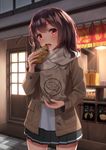  bag black_hair brown_eyes commentary_request cowboy_shot eating food highres long_hair open_mouth original paper_bag pleated_skirt scarf skirt solo superpig taiyaki wagashi 