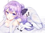  ahoge azur_lane bangs bed_sheet blush breasts commentary dress elbow_gloves eyebrows_visible_through_hair gloves highres long_hair looking_at_viewer lying medium_breasts on_side open_mouth painteen purple_eyes purple_hair simple_background solo stuffed_unicorn unicorn_(azur_lane) white_background white_dress white_gloves white_legwear 