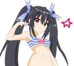  bare_shoulders bikini black_hair breasts choujigen_game_neptune crawford_(semochan) hair_ornament hair_ribbon long_hair looking_at_viewer medium_breasts neptune_(series) noire red_eyes ribbon simple_background smile solo star striped striped_bikini swimsuit twintails very_long_hair 