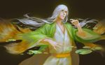  bleach brown_background folie_(cac82622) japanese_clothes long_hair looking_up male_focus realistic solo ukitake_juushirou white_hair yellow_eyes 