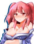  bangs blush breasts cleavage eyebrows_visible_through_hair hair_bobbles hair_ornament highres large_breasts looking_at_viewer nose_blush off_shoulder onozuka_komachi oshiaki parted_lips red_eyes red_hair sidelocks simple_background solo sweat touhou two_side_up upper_body white_background 