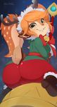  2018 anthro antlers bell belt big_butt blush boots brown_fur butt camel_toe cervine christmas clothed clothing digital_media_(artwork) fangs female footwear freckles fur gloves green_eyes grin hair holidays horn league_of_legends looking_at_viewer looking_back mammal merunyaa night orange_hair pants poppy_(lol) pussy reindeer ribbons riot_games shirt short_stack smile snow snowing solo spots staff stripes tan_belly tan_markigns video_games yordle 