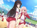  4girls ass bare_thighs black_hair blast_(lyricbox) bloomers blush breasts building buruma clouds day dutch_angle eyebrows eyebrows_visible_through_hair from_behind grass green_eyes gym_uniform hair_between_eyes hair_ribbon happy highres jacket large_breasts legs long_hair long_sleeves lyricbox medium_breasts mountain multiple_boys multiple_girls open_jacket open_mouth original outdoors parted_lips pink_eyes pink_hair public ribbon running sideboob sitting sky smile standing thigh_gap thighs twintails v wet wet_clothes wink 