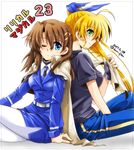  back-to-back belt blonde_hair blue_eyes blue_ribbon breasts dated green_eyes hair_between_eyes hair_ornament hair_ribbon jacket_on_shoulders large_breasts long_hair lyrical_nanoha mahou_shoujo_lyrical_nanoha_vivid multiple_girls necktie one_eye_closed pants pantyhose profile ribbon san-pon shirt side_ponytail sitting t-shirt tsab_naval_military_uniform twitter_username vivio white_background white_legwear x_hair_ornament yagami_hayate 