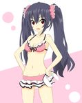  bare_shoulders bikini bikini_bottom bikini_top black_hair blush breasts choujigen_game_neptune crawford_(semochan) frilled_bikini frills hair_ornament hands_on_hips long_hair looking_at_viewer medium_breasts navel neptune_(series) noire open_mouth pink_scrunchie polka_dot polka_dot_bikini polka_dot_scrunchie red_eyes scrunchie smile solo swimsuit twintails very_long_hair 