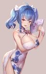  :d ahoge azur_lane bangs bare_shoulders blue_hair braid breast_hold breasts brown_background china_dress chinese_clothes cleavage cleavage_cutout covered_nipples dolce_(dolsuke) dress fan floral_print folding_fan hair_ribbon holding large_breasts open_mouth pelvic_curtain pink_eyes ribbon shiny shiny_skin simple_background sleeveless sleeveless_dress smile solo st._louis_(azur_lane) twin_braids twintails white_dress 
