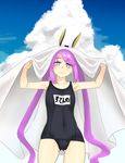  1girl animal_ears clouds cosplay covered_navel fate/grand_order fate/hollow_ataraxia fate_(series) looking_at_viewer nitocris_(swimsuit_assassin)_(fate) nitocris_(swimsuit_assassin)_(fate)_(cosplay) one_piece_swimsuit purple_eyes purple_hair sheets sky smile stheno swimsuit tagme twintails very_long_hair 