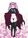  1girl assassin_of_black assassin_of_black_(cosplay) black_panties blush cape cosplay dagger fate/apocrypha fate/grand_order fate/hollow_ataraxia fate_(series) jack_the_ripper_(fate/apocrypha) knife looking_at_viewer navel panties purple_eyes purple_hair revealing_clothes smile stheno thighs twintails very_long_hair weapon 