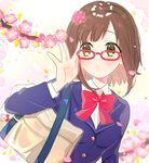  adjusting_eyewear bag bangs blazer blue_jacket bow bowtie brown_hair cherry_blossoms commentary green_eyes highres idolmaster idolmaster_cinderella_girls jacket maekawa_miku open_mouth petals red-framed_eyewear red_neckwear school_bag school_uniform shiny shiny_hair short_hair solo swept_bangs tomato_omurice_melon 