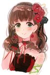  bangs bare_shoulders black_gloves black_ribbon blue_eyes blush brown_hair choker dress eyebrows_visible_through_hair gloves hairband hand_on_own_cheek highres idolmaster idolmaster_cinderella_girls idolmaster_cinderella_girls_starlight_stage looking_at_viewer love_destiny neck_ribbon red_dress red_ribbon ribbon rose_earrings sakuma_mayu shiny shiny_hair short_hair simple_background smile solo thorns tomato_omurice_melon upper_body white_background 