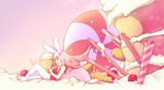  absurdres animal_ears black_eyes bunny_ears candy carrot cherry drinking_straw fiz_(fizintine) fizintine food fruit highres lollipop long_hair lying on_back original peppermint pink_hair pink_sky solo strawberry whipped_cream 