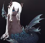  1girl blue_eyes breasts dark_skin female fins gills goma_(mm324) groin horns long_hair mermaid mesarthim monster_girl navel pasties pointy_ears saga saga_frontier scales solo very_dark_skin white_hair 