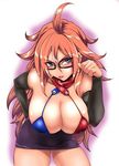  1girl android_21 cleavage detached_sleeves dragon_ball dragon_ball_fighterz glasses messy_hair skirt 