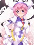  alternate_hair_color blush bodysuit commentary_request cosplay gloves hand_on_own_chest hat highres lala_satalin_deviluke lala_satalin_deviluke_(cosplay) leotard looking_at_viewer necktie pink_hair purple_eyes sairenji_haruna shinki_(user_srrn2727) short_hair short_necktie solo to_love-ru white_gloves wings 