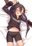  1girl amagiri_(kantai_collection) bike_shorts black_hair female glasses hood hoodie kantai_collection lying navel on_back on_bed one_eye_closed open_mouth ponytail solo zhui 