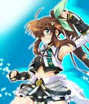  ahoge aqua_eyes armpits black_gloves blush brown_hair clenched_hand clenched_teeth fingerless_gloves fuuka_reventon gloves green_ribbon hair_ornament hair_ribbon hairclip long_hair lyrical_nanoha magical_girl midriff navel ponytail ribbon san-pon shorts sidelocks solo teeth vivid_strike! 