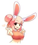  animal_ears black_eyes blush breasts bunny_ears fiz_(fizintine) fizintine hair_bun heart highres large_breasts navel original pink_hair pointing pointing_at_viewer smile solo teeth white_background 