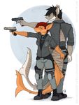  2018 5_fingers anthro boots clothed clothing digital_media_(artwork) digitigrade discardingsabot duo female fin fish footwear furgonomics gun hair handgun holding_object holding_weapon kenzie_wong knee_pads male marine plantigrade ranged_weapon sabot_sauer scalie shark simple_background smile soryane standing trigger_discipline uniform weapon 